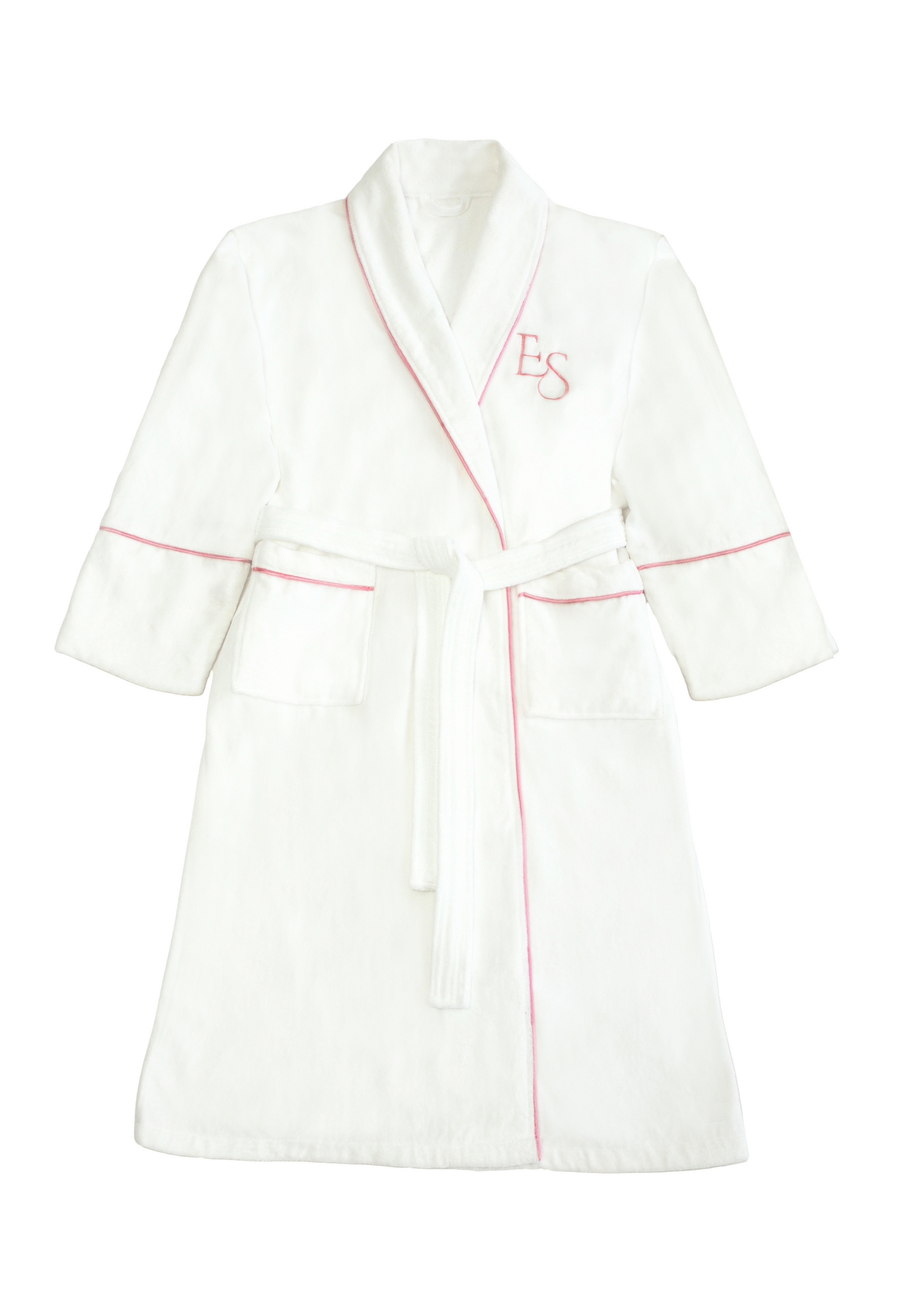 White bathrobe with pink piping on a white background