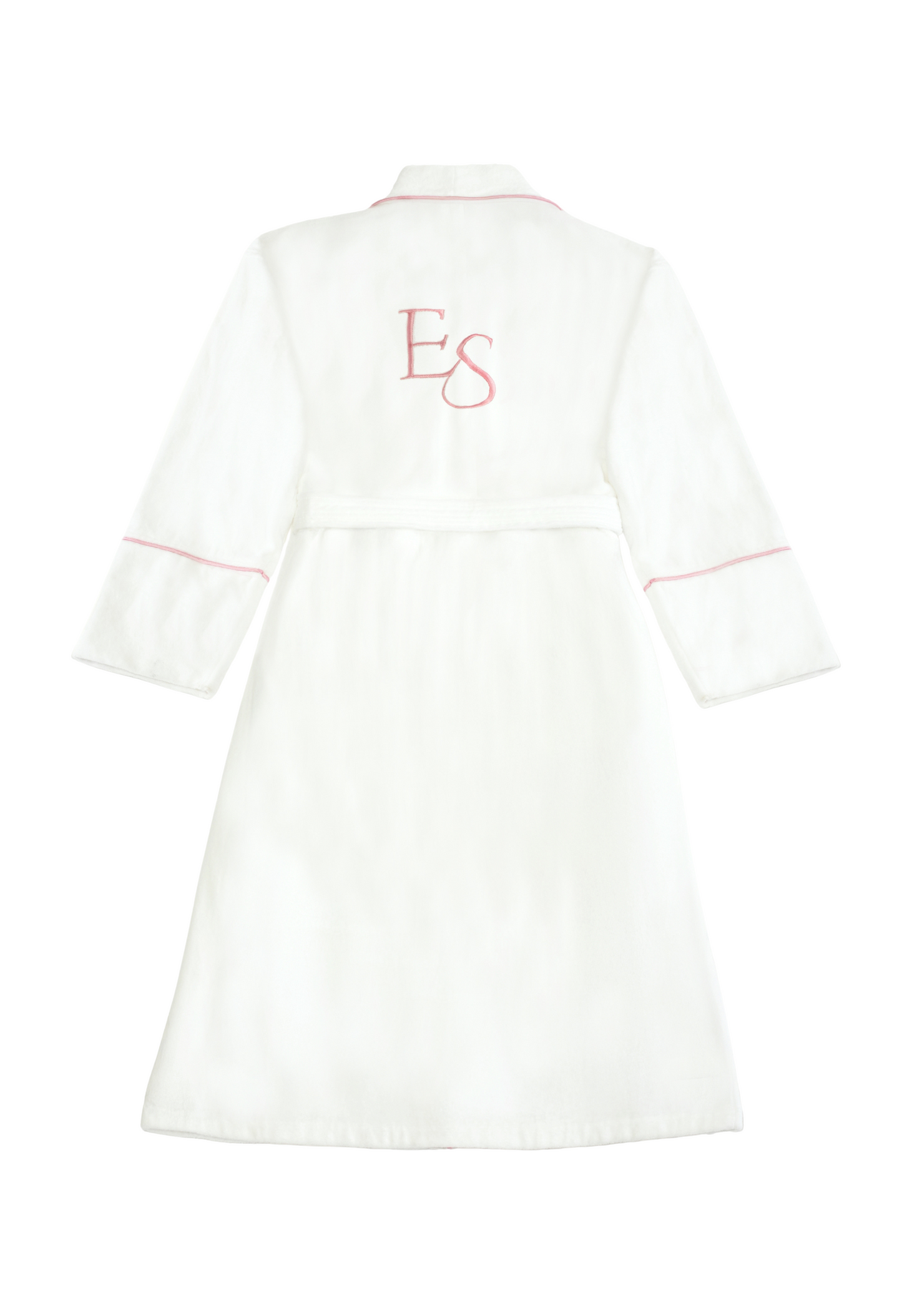 White bathrobe with pink trim piping and Exotic Skn 'ES' monogram on a white background