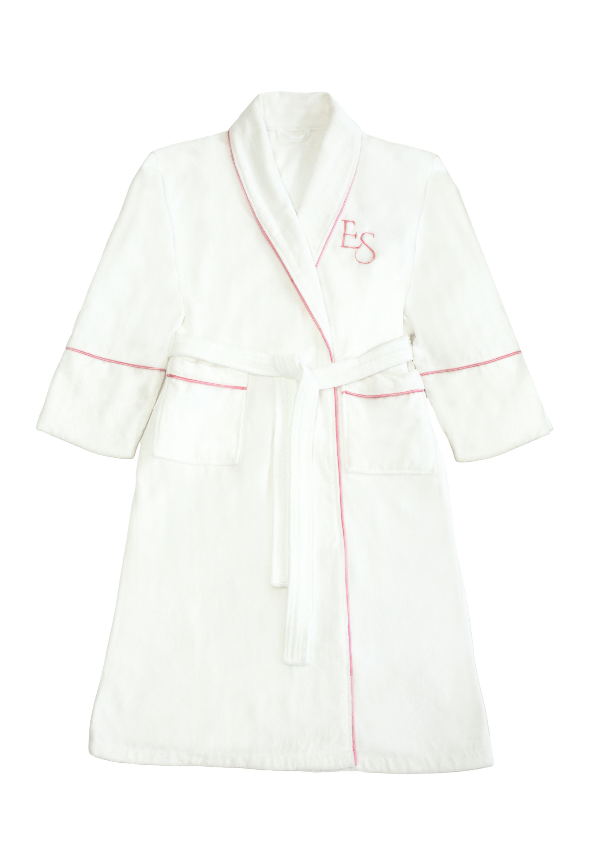 White bathrobe with pink piping on a white background