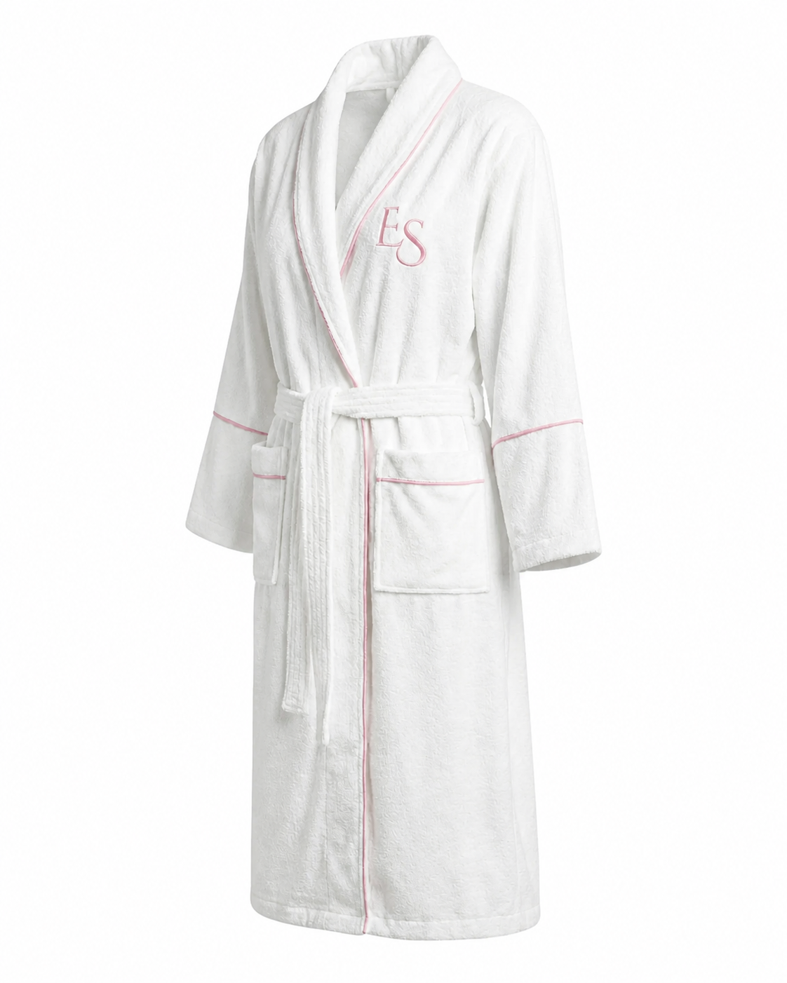 Ritual Robe three-quarter front view showing the shawl collar, pink silk ES embroidery and adjustable wrap