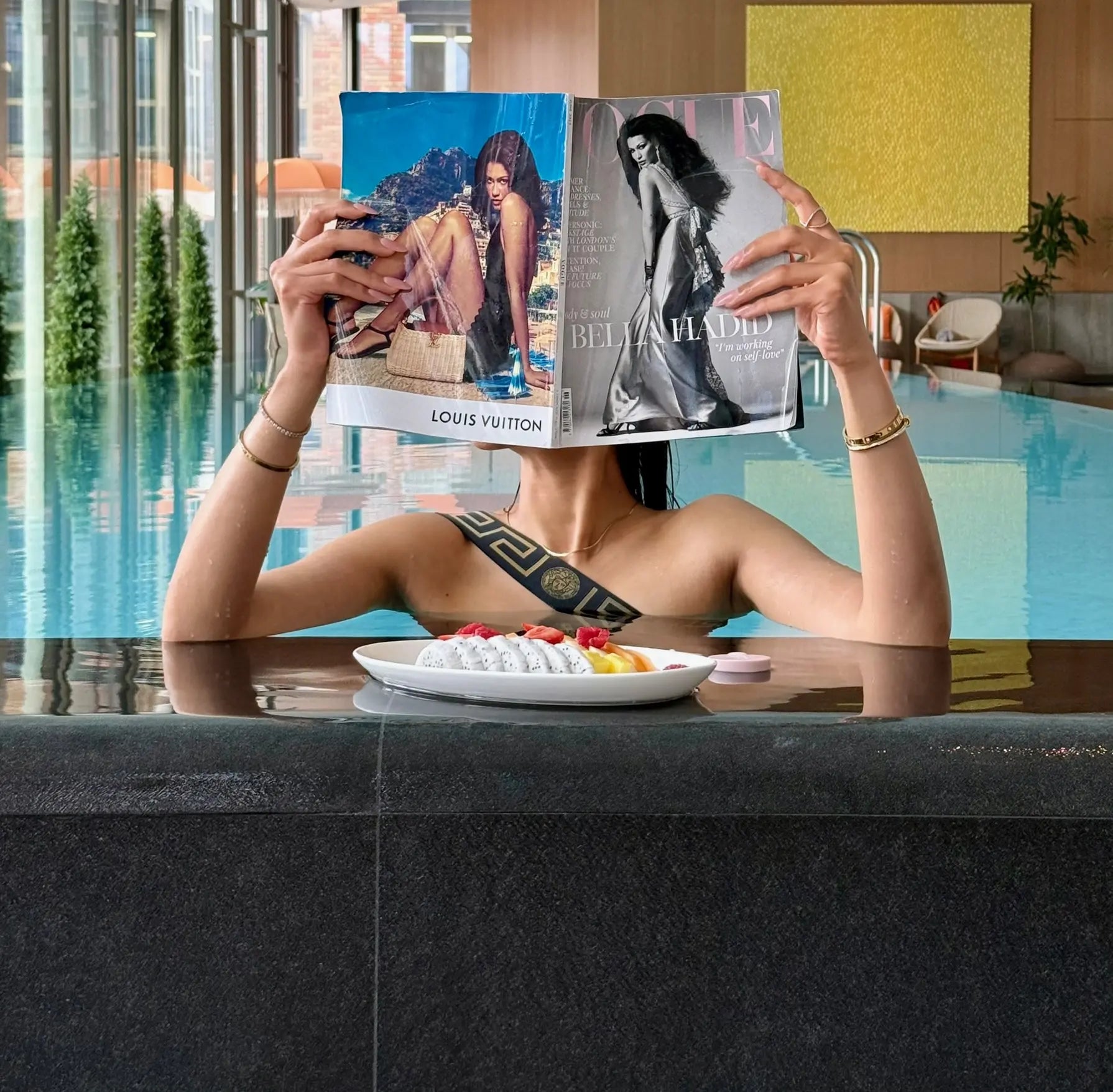 EXOTIC SKN® founder at the pool with her daily beauty ritual