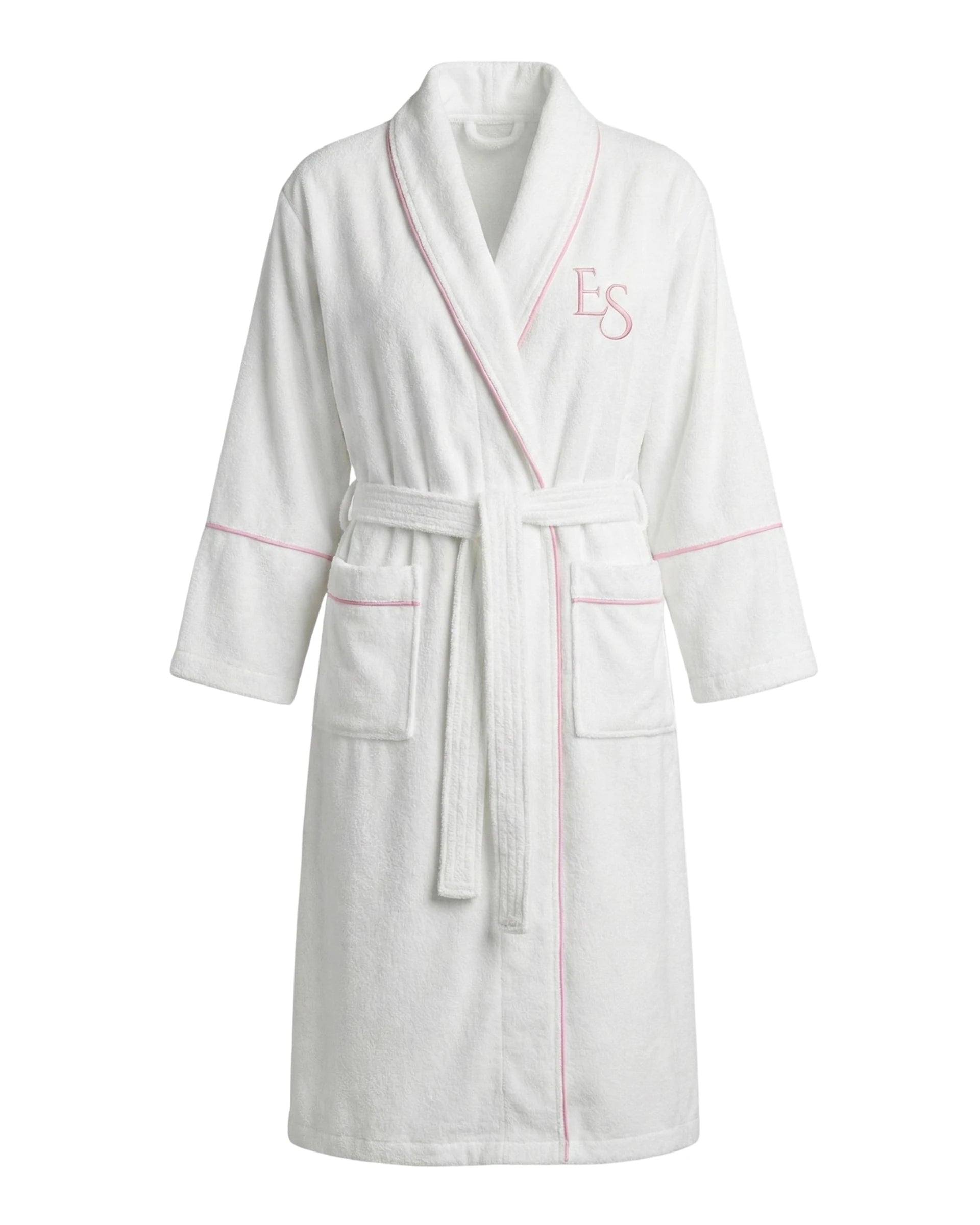 Ritual Robe in plush white cotton with restrained pink piping, front view